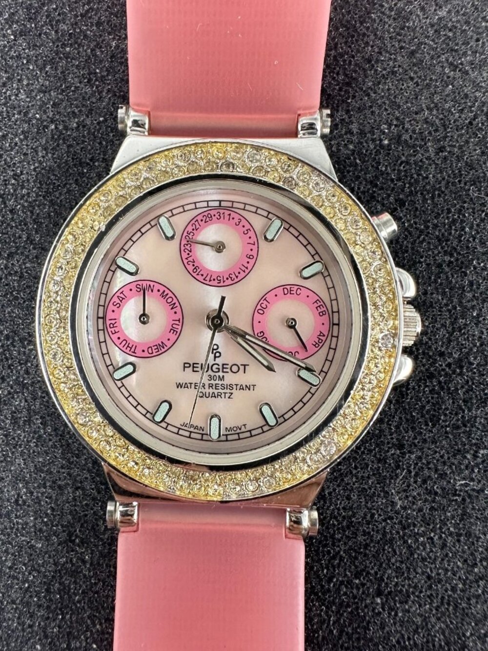Peugeot Watch Women Silver Tone Mother of Pearl Dial Pink Band New Battery 9.5"